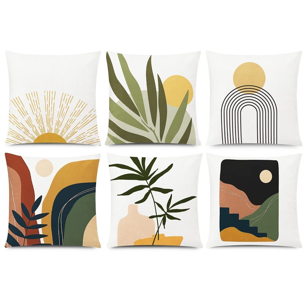 6355 Abstract Boho Pillow Covers 16x16 Set of 6 Decorative Sunset Leaves
